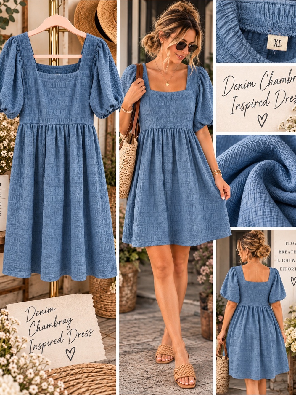 Denim Chambray Square Neck Puff Sleeve Dress - Blue